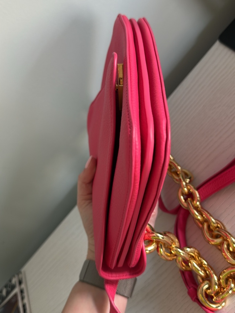 Bottega Veneta Hot Pink Mount Envelope Bag with Gold Chain - Picture 7 of 10
